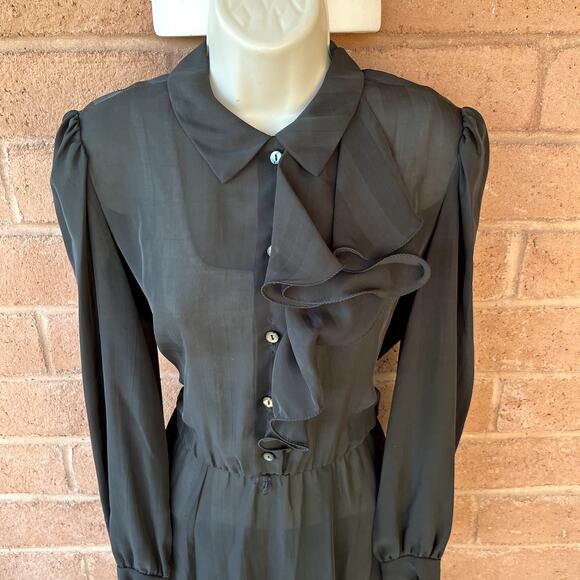 VTG Jeri New York Chiffon Black Sheer Ruffle Button Front Dress Long Sleeve 8 - Picture 4 of 11